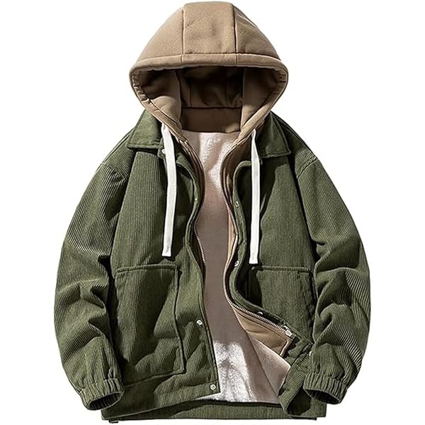 INVACHI Men's Hooded Corduroy Jacket Drawstring Fuzzy Hoodie