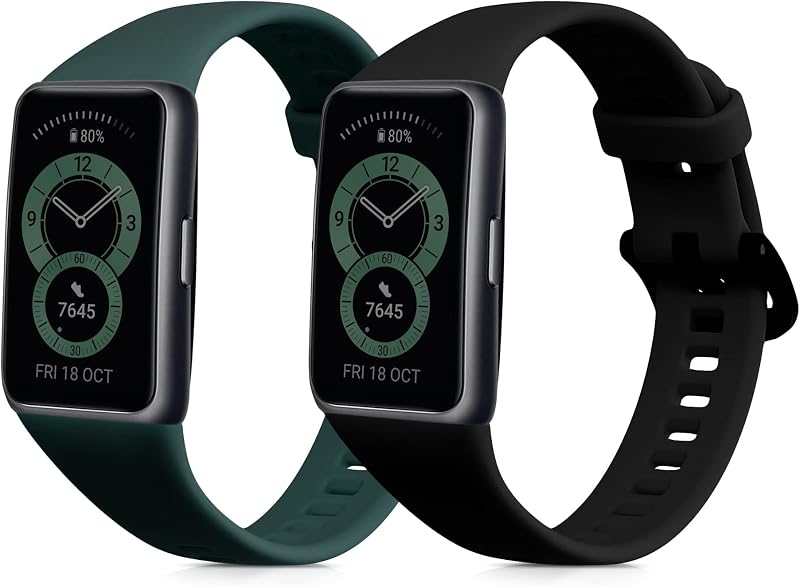 kwmobile 2x Straps for Huawei Band 6 Silicone Replacement Bands Black/Moss Green