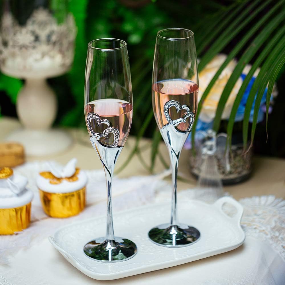 Sziqiqi 2-Piece Creative Champagne Glass Set Wedding Crystal Glasses Heart-Shaped Wedding Champagne Gift Cut Glasses, Silver - Image 4