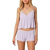 XBTCLXEBCO Lace Pajama Sets for Women 2 Piece Sexy Sleeveless Cami Tank Top and Shorts Pj Set Y2K Matching Lounge Sleepwear