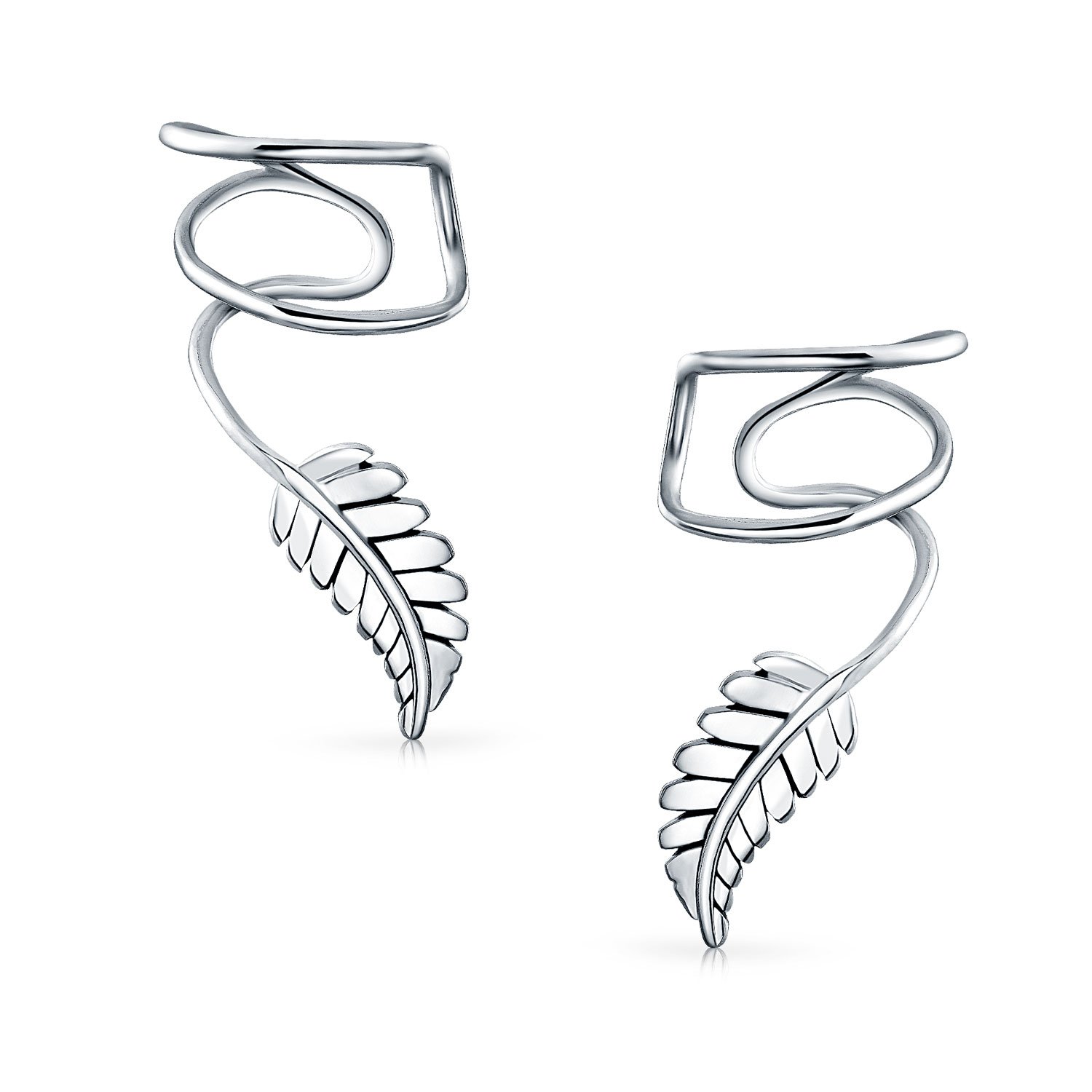 Nature Leaf Feather Cartilage Ear Cuffs Clip Wrap Wire Earrings Helix Western Jewelry For Women For Men Non Pierced Ear .925 Sterling Silver Adjustable