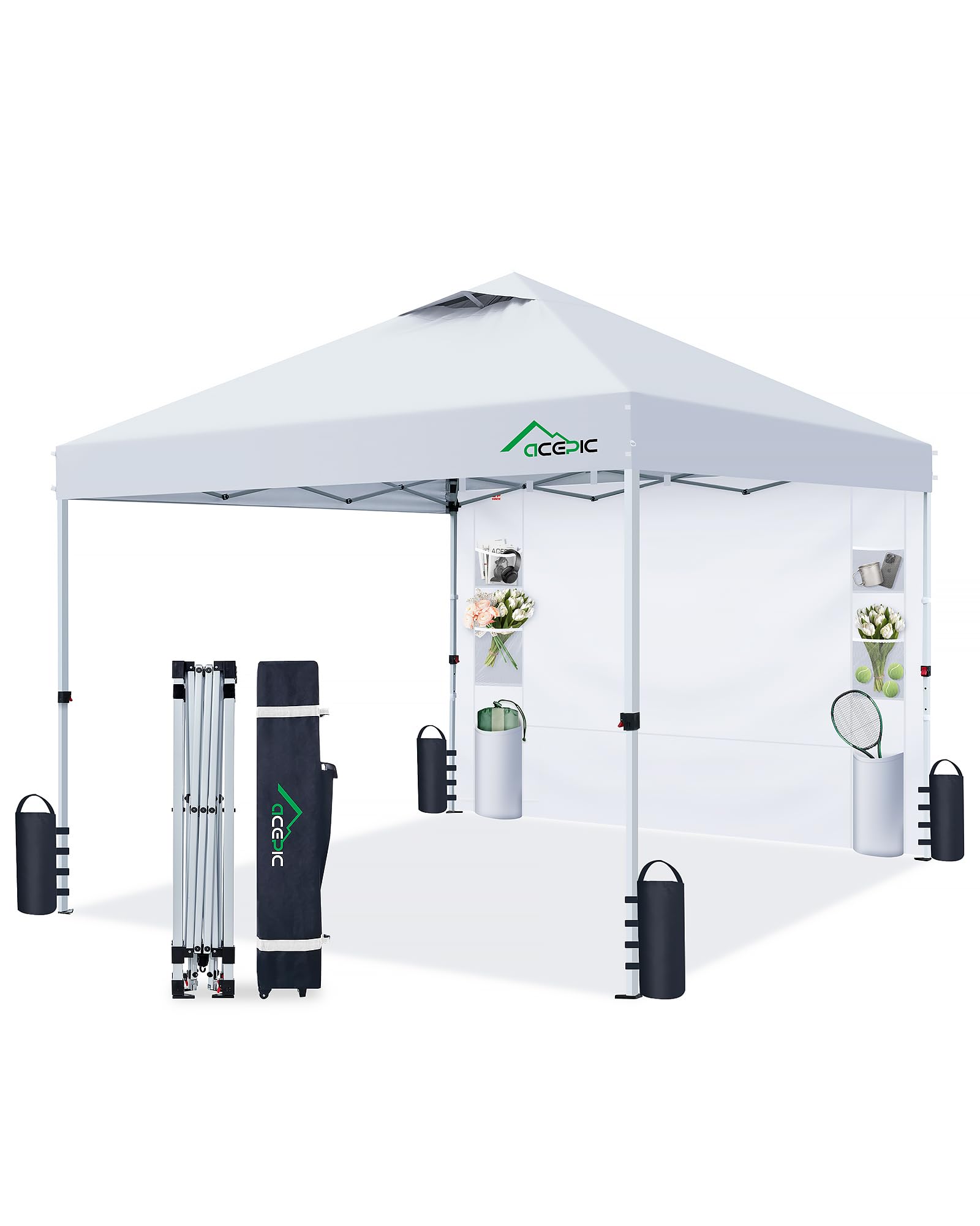 Photo 1 of **Parts Only** Acepic 10x10 Pop Up Canopy Tent with Sidewall and 6 Pockets,1-Person Setup Pop Up Canopy Tent with 1-Button Push and Wheel Carry Bag, Bonus 8 Stakes and 4 Upgraded Heavy Duty Canopy Weights