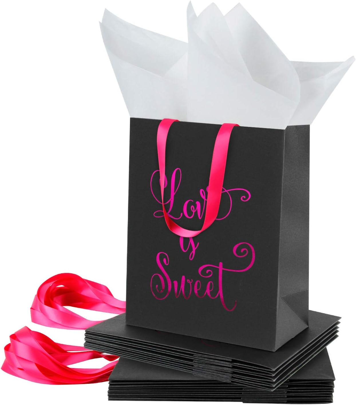 Loveinside Medium Kraft Gift Bags-Love is Sweet Hot Pink Foil Black Paper Gift Bag with Tissue Paper - Wedding,Birthday,Party Favor,Bridesmaids Gift-12Pack -8" X 4" X 10"