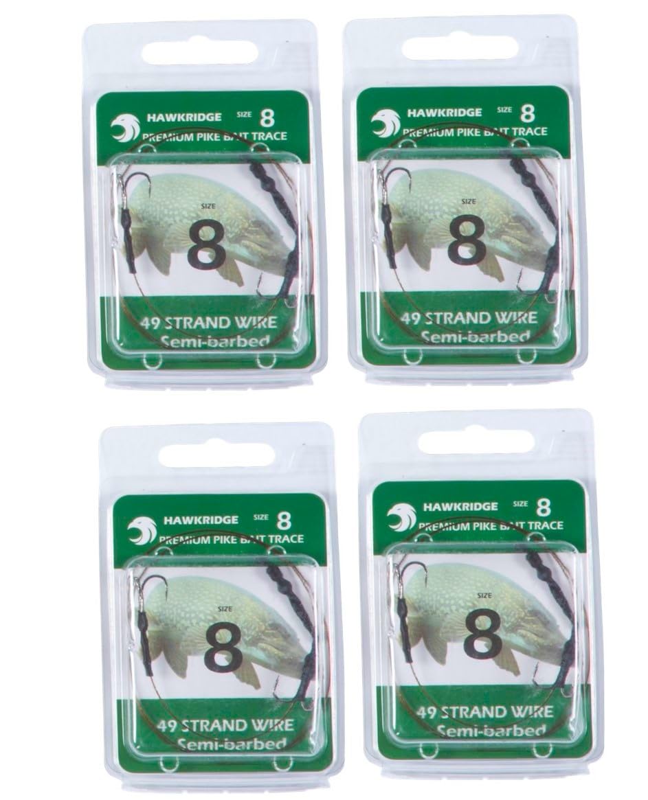 HAWKRIDGE - 4 x Predator BARBED Pike Snap Tackle Double Hook Bait Rig 30cm Trace Using American 7x7 Wire Strands - Available in Size 4, 6 or 8 (4 x size 8 hook)