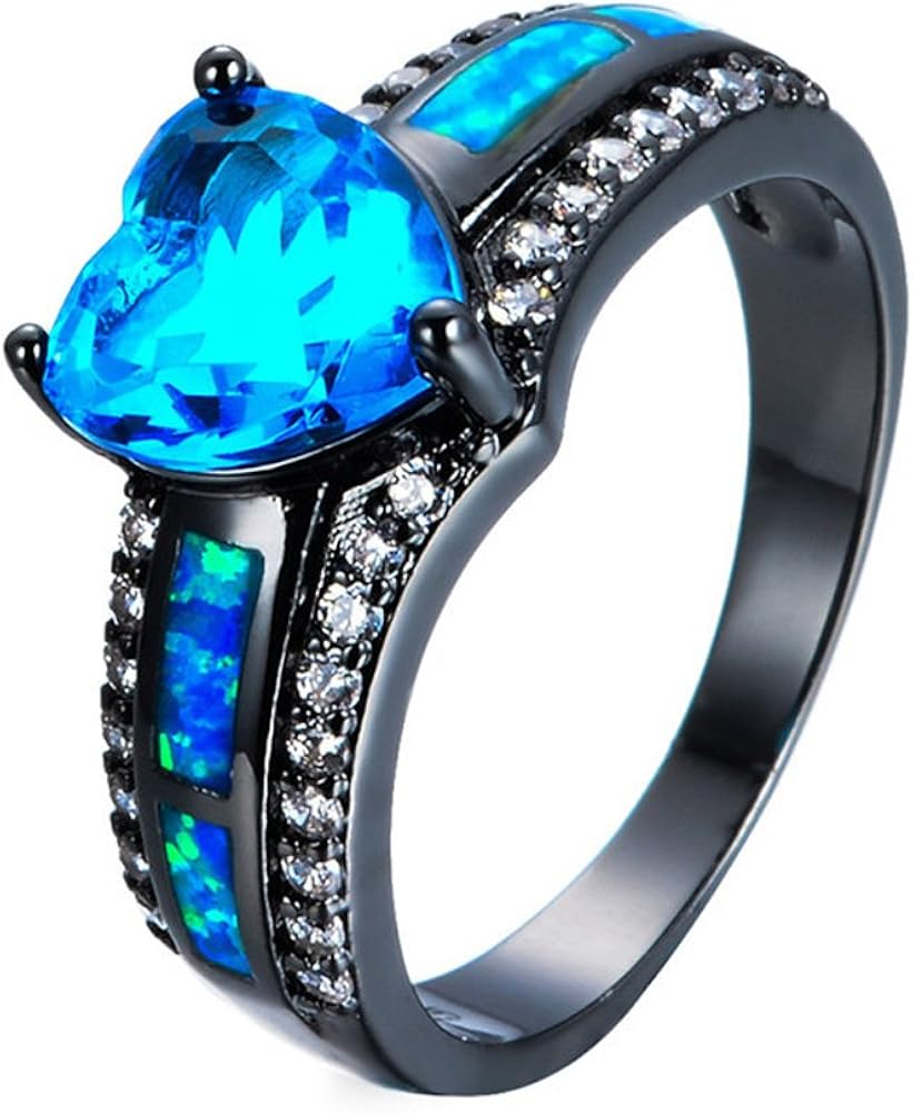 Amazon Com T T Ring Heart Blue Fire Opal Rings Black Gold Filled
