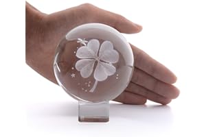 LONGWIN 3D Four-Leaf Clover Crystal Ball Paperweight 3.1 Inch Laser Engraved Glass Sphere Display Globe Meditation Ball Home Decor with Crystal Stand
