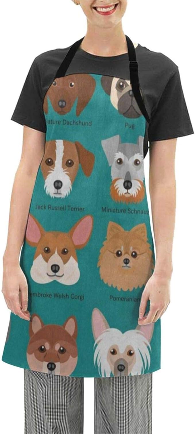 Aprons for Women Cute Puppy Dog Breeds Faces Set On Teal Apron Cooking