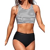 Tempt Me Women High Waisted Bikini Two Piece Swimsuits High Neck Crop Top Racerback Sporty Bathing Suits for Teen Girls