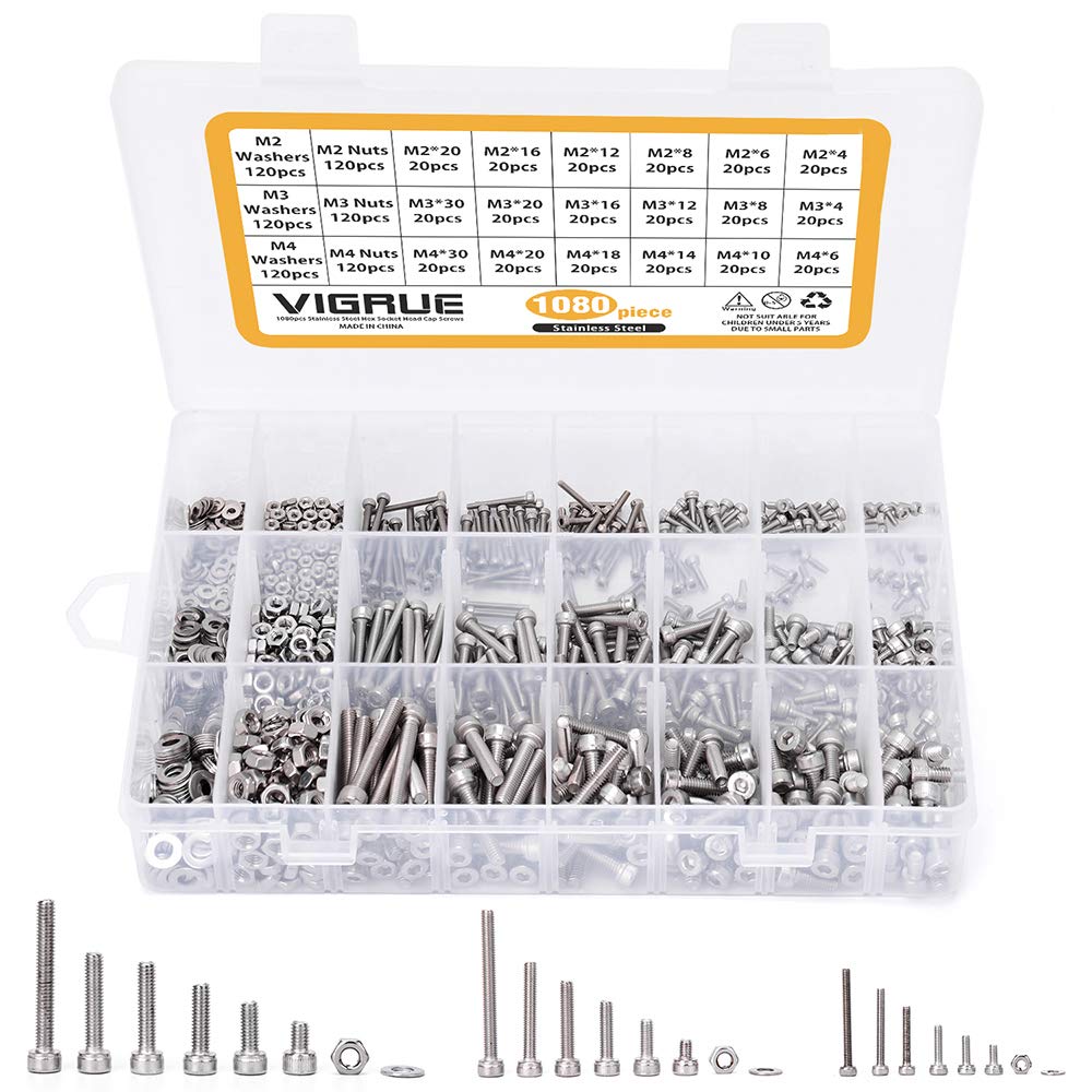 VIGRUE Pack of 1080 M2 M3 M4 Cylinder Screws with Hexagon Socket Threaded Screws Assortment with Nuts Washers and Allen Keys Made of Stainless Steel in Storage Box
