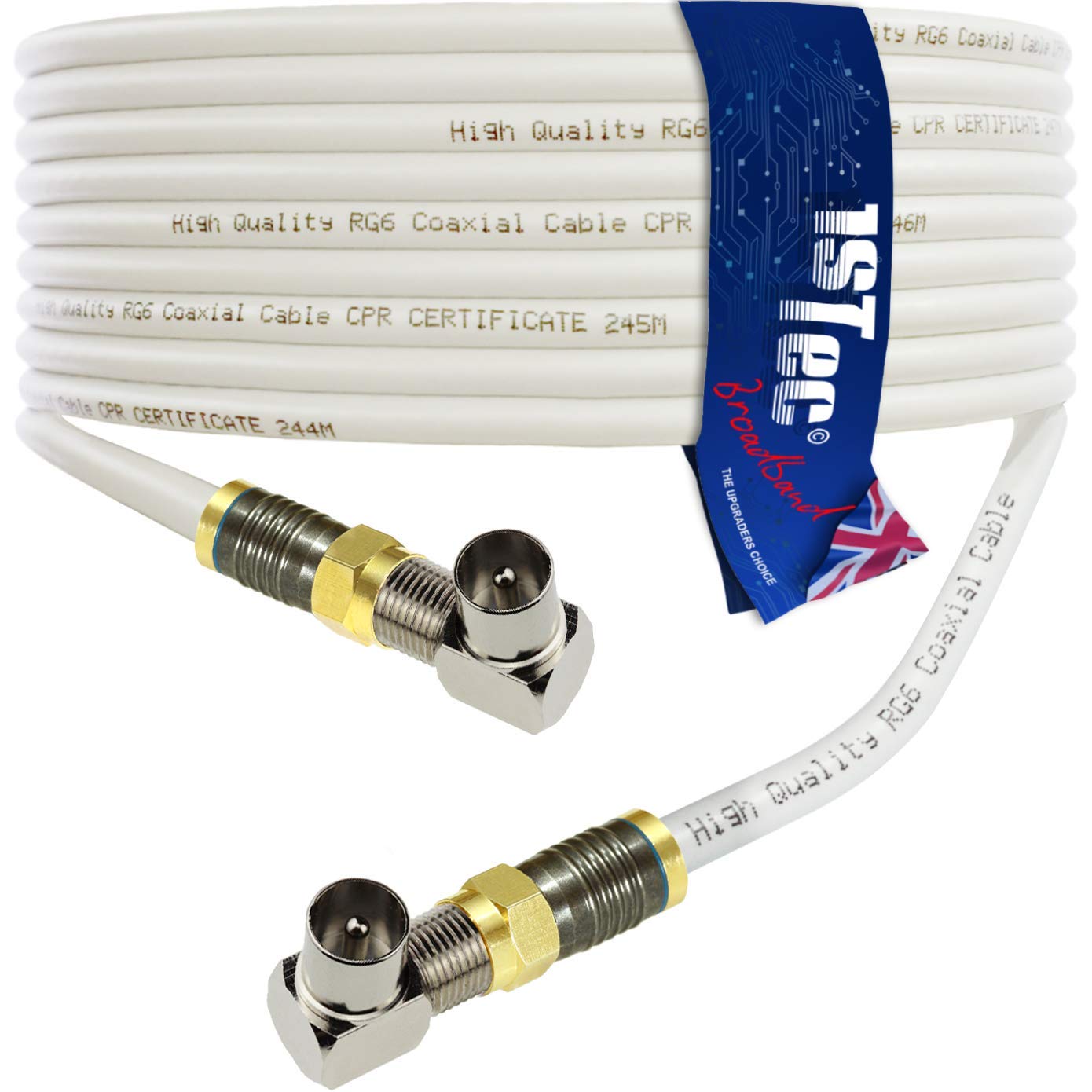 1STec 5m White Right Angled Gold F-connector Coaxial Male Plug to Plug Digital Freeview BT Youview Aerial Wall Socket to LED LCD Flat Screen TV or DVR Extension Cable + Cable Clips (5 Metre, White)