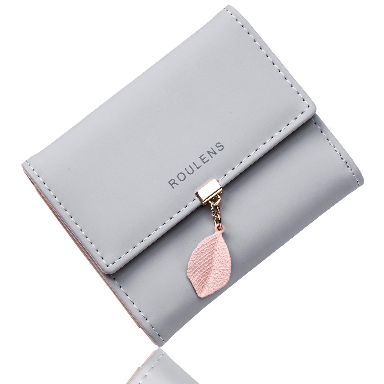 Roulens Ladies Purse, RFID Blocking PU Leather Wallet for Women Leaf Pendant Zipper Coin Purse with Multiple Card Slots and Roomy Compartment