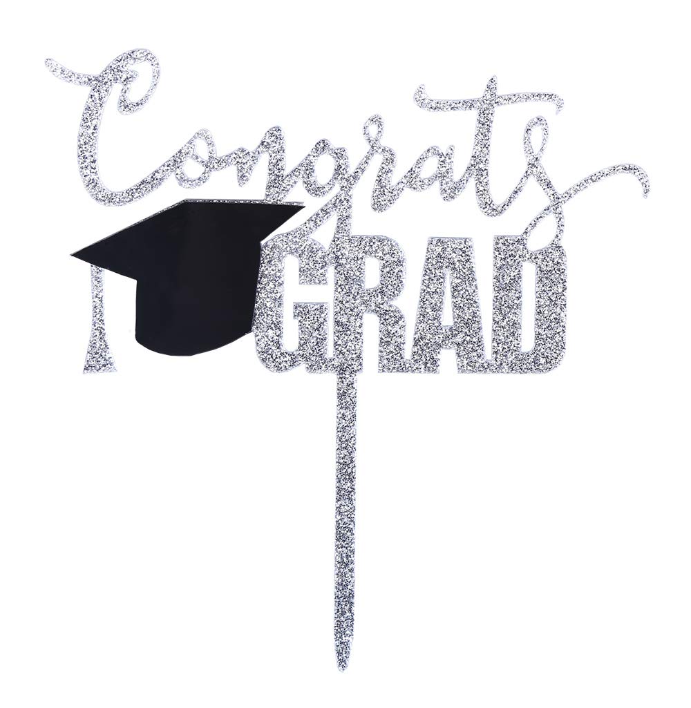 Topfunyy Congrats Grad Cake Topper Silver Acrylic Topper for Graduation/Grad Party Decorations