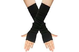 Black Wave Edge Style Long Arm Warmers Winter Thumbhole Stretch Arm Sleeves Fingerless Over Elbow Gloves for Women Ladies