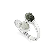 LUSTRE AND LIGHT Natural Raw/Rough Herkimer & Moldavite 2 Stone Size Adjustable Stackable Twister Ring for Women in Sterling Silver, April Birthstone Jewelry Gifts for Her (Bezel-Set)
