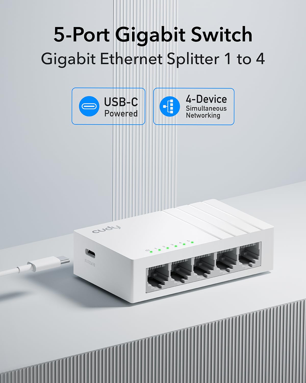 Cudy GS105U 5 Port Gigabit Ethernet Switch Mit USB-C Power Jack Desktop Ethernet Splitter Kunststoffgehäuse Ungeschirmter Schalter Plug & Play Fanless Unmanaged 2