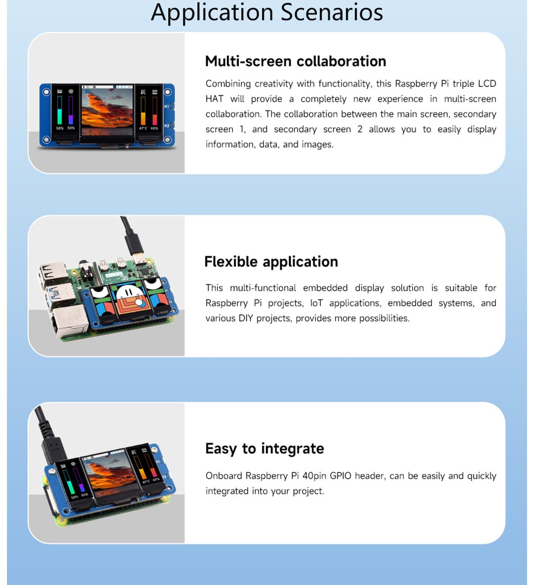 waveshare Triple LCD HAT for Raspberry Pi, Onboard 1.3inch IPS LCD 240×240 Resolution Main Screen and Dual 0.96inch IPS 160×80 Resolution LCD Secondary Screens, SPI Interface