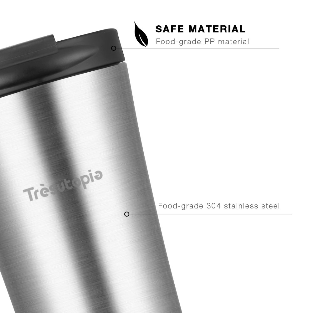 Travel Mug Leak Proof, Trèsutopia Hekla Double Wall Insulated Stainless Steel Travel Mug Keep Drinks Hot or Cold with Leak-Proof PP Lid, 14 oz, One-hand Operation