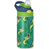 IHCVHQX Bass Fish Green Kids Water Bottle with Straw Lid 12oz Stainless Steel Double Walled Tumbler Travel Cup Leak-proof Toddler Cup for Boys Girls
