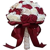 Sharebeauty 5.9 Inch Handmade Satin Rose Bridal Bouquet Toss Round Wedding Bouquet Throw Toss Artificial Flower Bunch Dark Red + Ivory