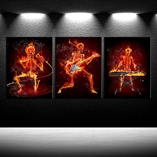 iKNOW FOTO 3 Piece Canvas Prints Musical Skeleton Fire Guitar Keyboardist Microphoone Wall Art Abstract Framed Picture Wall Hanging Ready To Hang for Bedroom Decorations 12x16inchx3pcs