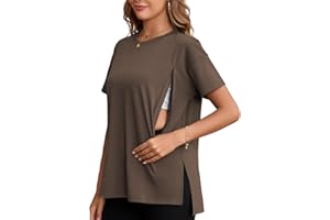 Ecavus Women's Oversized Nursing Shirts for Breastfeeding with Hidden Zipper Short Sleeves Side Splits Maternity Tops