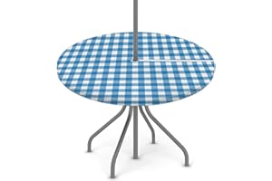 GzLeyigou Fitted Round Tablecloth with Umbrella Hole and Zipper Buffalo Plaid Outdoor Elastic Table Cloth 45"-56" Oil-Proof Waterproof Patio Table Cover for Dining Picnic Party, Blue and White