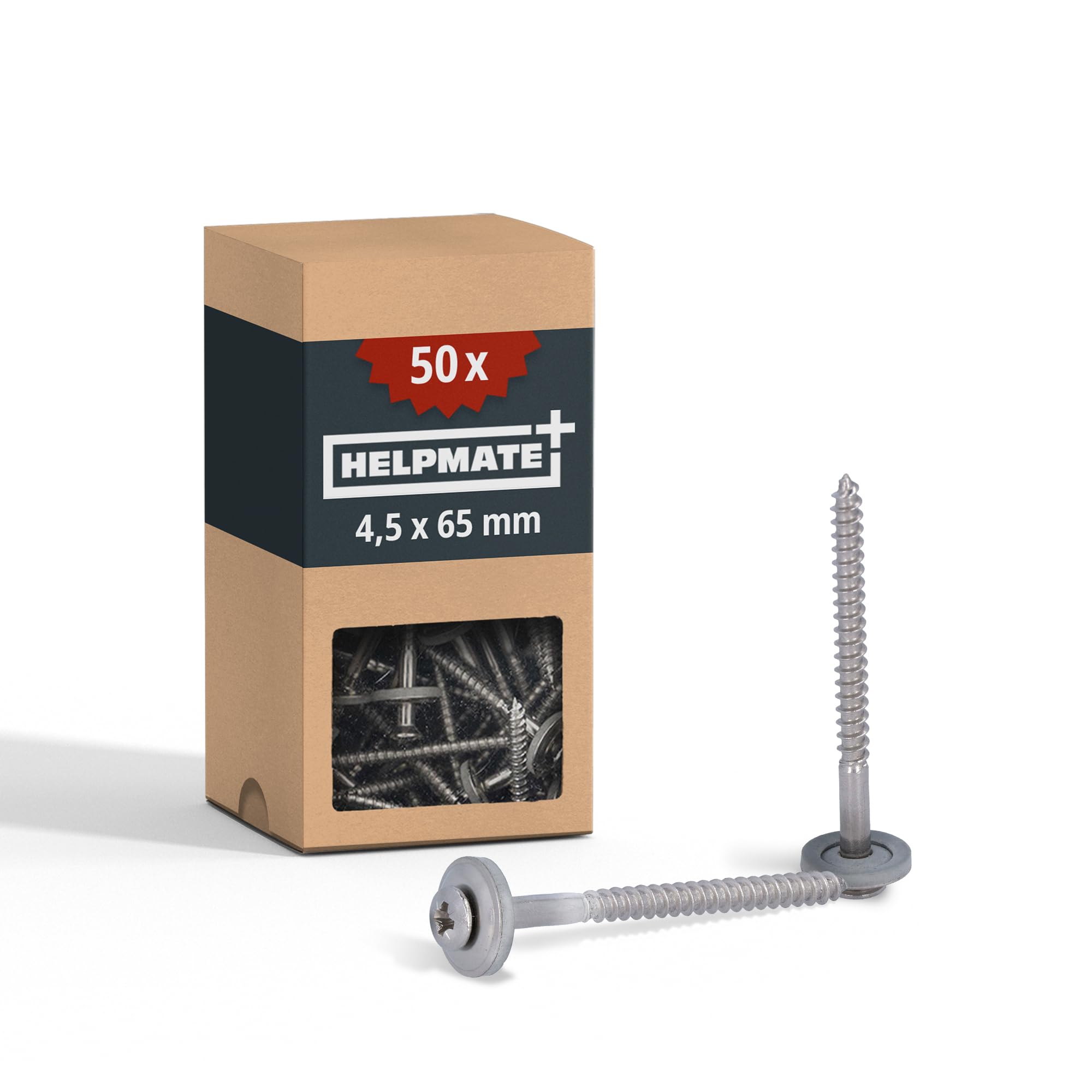 HELPMATE – roofing screws 4.5x65 mm stainless steel A2 rust-free – 50 pieces sheet metal roof fasteners with EPDM sealing washer – stainless steel DIN 7995 with screw drive PZ2 — image 1