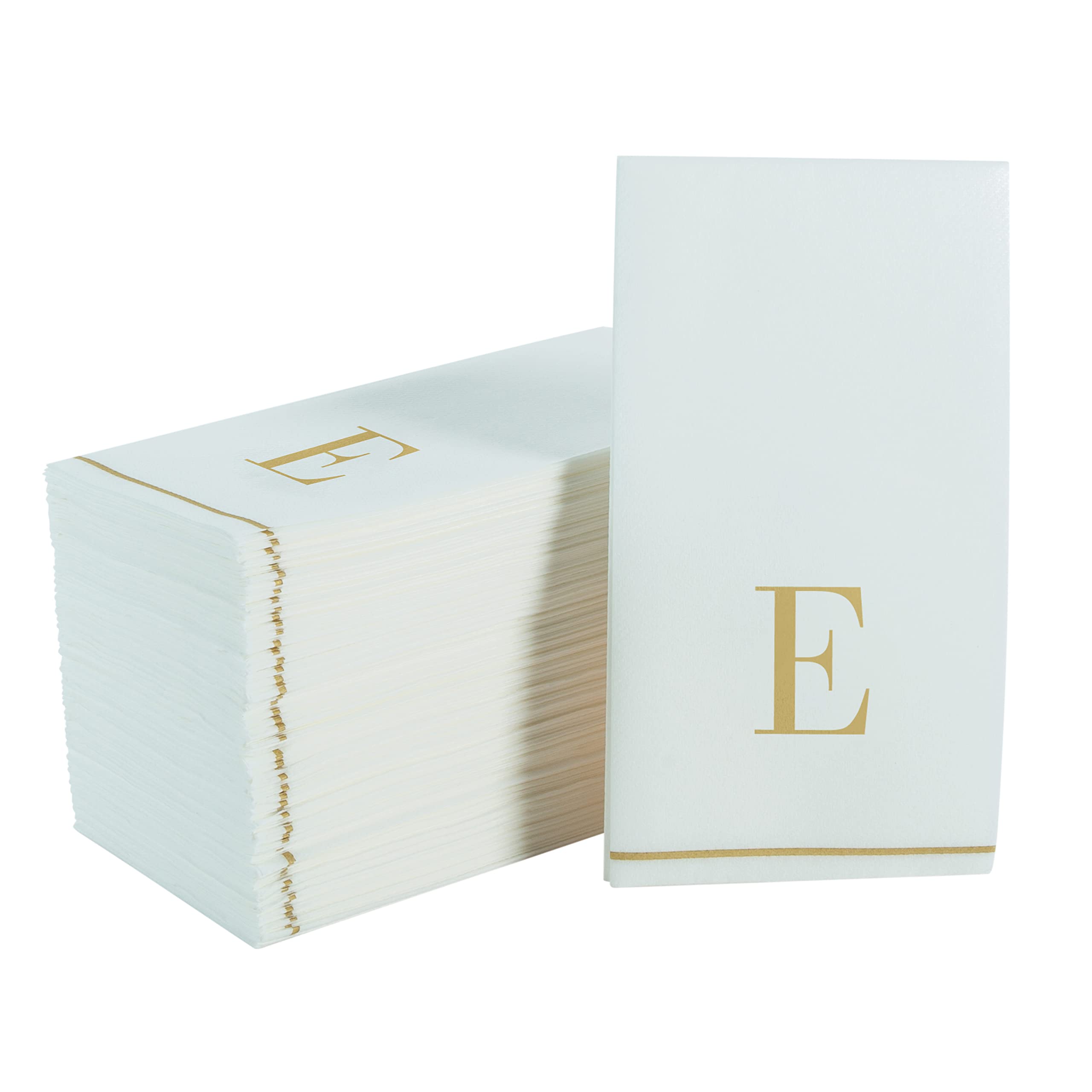 Photo 1 of Luxe Party 112 Pack Monogram Napkins | Letter E Initial | Disposable | Premium Airlaid | Linen Feel | Decorative Table Setting | Guest Towel Napkin | White and Gold