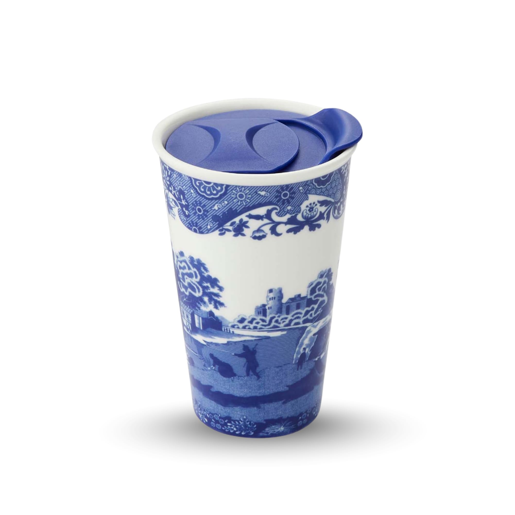 Spode Blue Italian Ceramic Travel Mug 8oz/0.28L Capacity - Double Walled to Keep Your Drink hot with Plastic Slide Drinking Opening. Blue & White