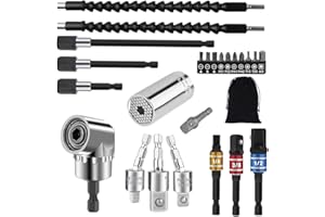 FOUUAAOOU GALLIA Flexible Drill Bit Extension and Universal Socket Wrench Tool Set, Hex Shank 105° Right Angle Drill Attachmen, 1/4 3/8 1/2" Universal Socket Adapter Set, Drill Bit Holder Screwdriver Bit Kit