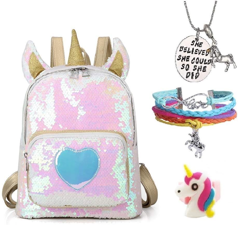 Mermaid Unicorn Backpack Flip Sequin Backpack Bling Backbag Travel School Daypack for Women Girls + Unicorn/Bracelet/Inspirational Necklace/Ring (R Sequin- Gold)