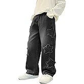 Boy's Pull On Jeans Cute Star Baggy Denim Pants Elastic Waist Straight Wide Leg Jeans for Teen Boys 8-14 Years