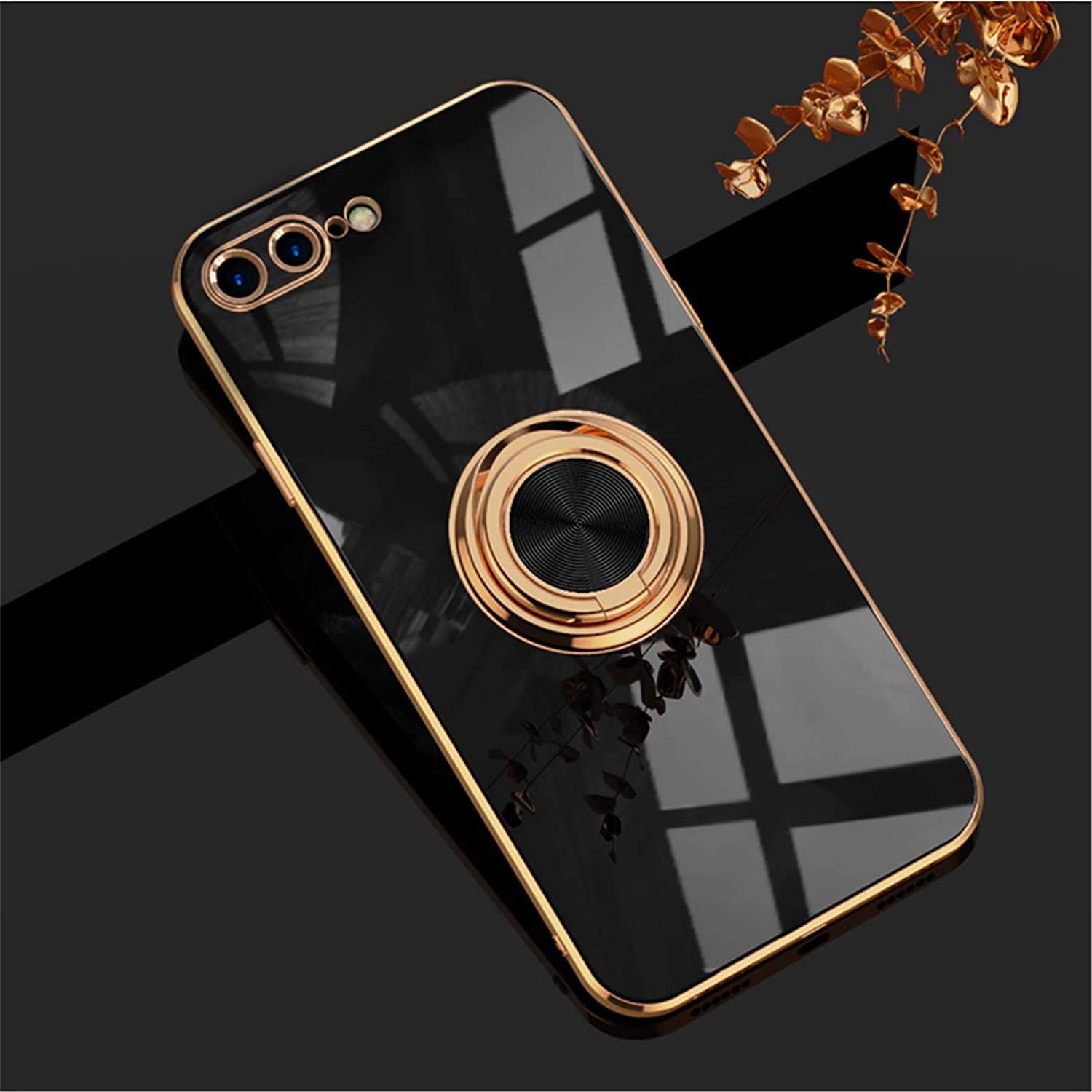 EYZUTAK Electroplated Magnetic Ring Holder Case, 360 Degree with Rotation Metal Finger Ring Holder Magnet Car Holder Soft Silicone Shockproof Cover for iPhone 7 Plus iPhone 8 Plus - Black