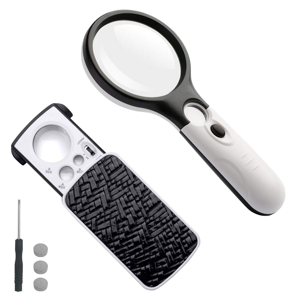 AFUNTA 30X 60X 90X Handheld Magnifier for Jewelry/Diamonds, Elderly, Reading, Circuits, UV LED Light, 2pcs