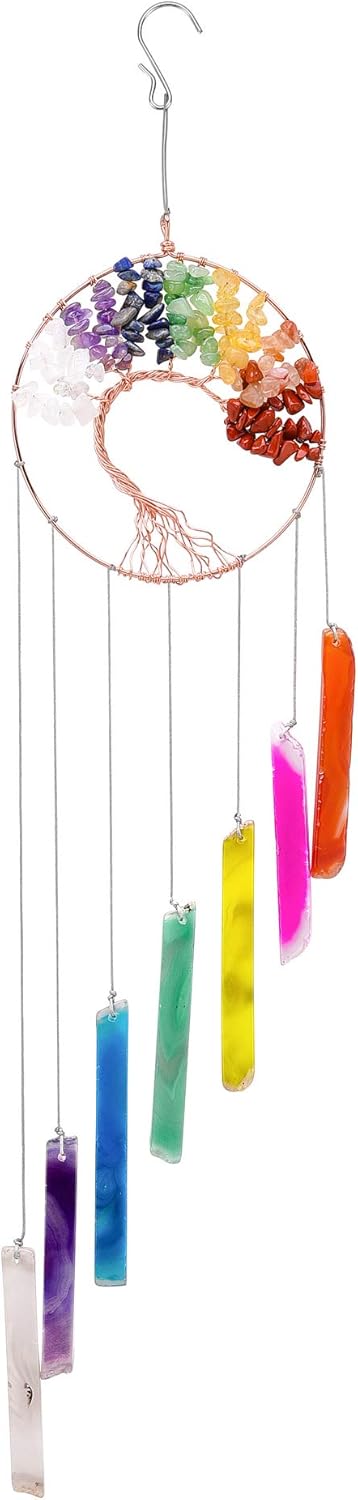 Tree of Life Chakra Healing Crystal and Stones, Agate Hanging Wind Chimes Ornament for Garden Outdoor Indoor, Colorful Decoration for Conservatory Outside Porch Bedroom