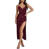 Wenrine Womens Sparkly Sequin Dress Spaghetti Strap V Neck Sexy High Slit Formal Club Party Evening Maxi Dresses