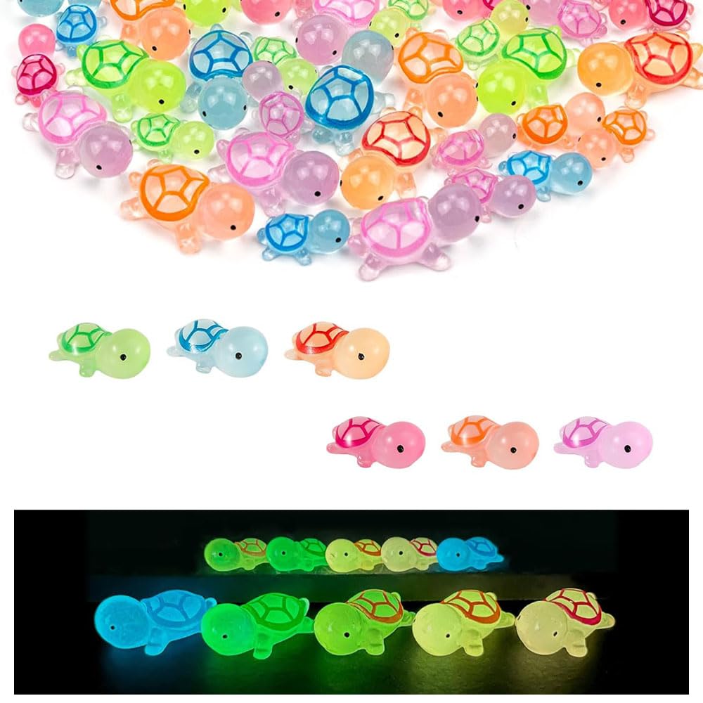 Ygapuzi 50 PCS Mini Turtles Glow in The Dark Tiny Resin Turtle Figurines Luminous Miniature Sea Turtle for Garden Moss Landscape Decor Party Home Decorations DIY Hidden Game (6 Colors) (Small)