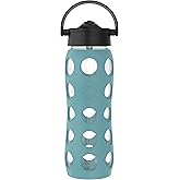 Lifefactory 22-Ounce Glass Water Bottle with Pivot Straw Cap and Protective Silicone Sleeve, Aqua Teal