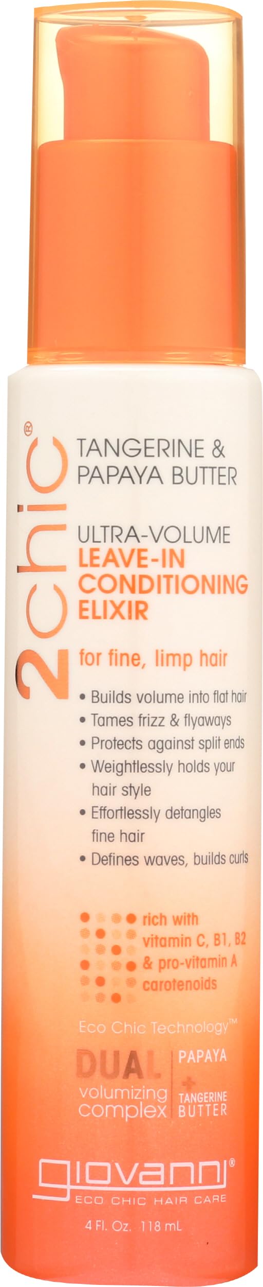 Giovanni 2chic Ultra-Volume Leave-In Conditioner - 4 Fl Oz Styling Elixir, Detangles Hair | Colour Safe, Frizz Free Salon Hair Formula | Hair Care Treatments