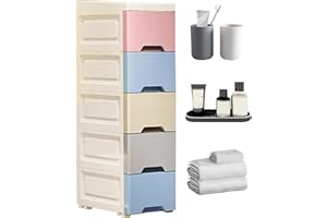 Bathroom Storage Cabinet - 5-Tier Drawer Vertical Shelves, Narrow Organizer, Kitchen Storage | Large Capacity Standing Cabine