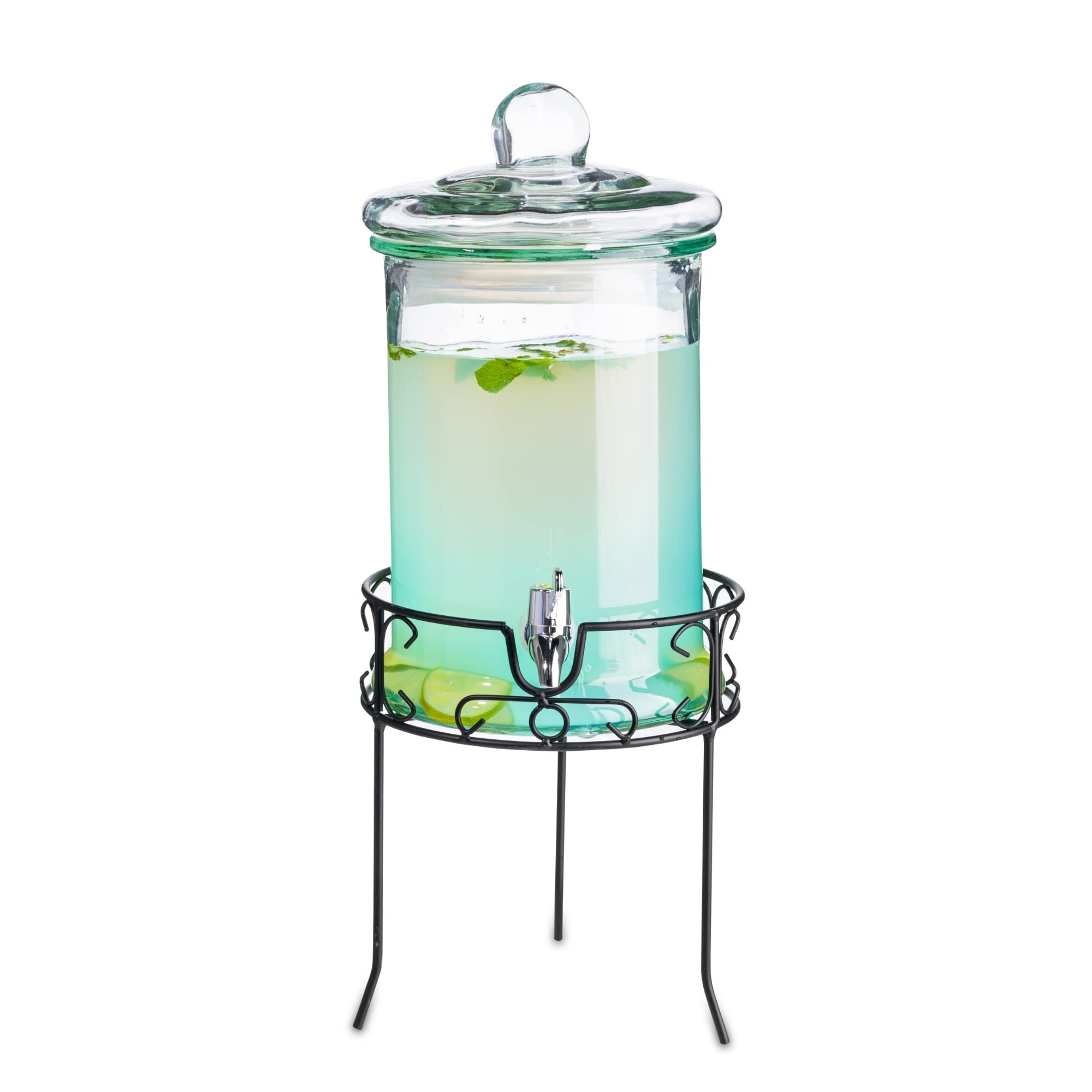 Round Glass Drink Dispenser with Stand 4.8L (168oz) – Beverage Dispenser with Tap for Parties, BBQs & Events