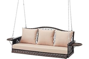 ZZW Upgraded Wicker Hanging Porch Swing Heavy Duty 900lbs 3-Seat Outdoor Patio Swing Chair Bench for Adult w/ 8.9ft Hanging Chains Cushions and Cup Holder