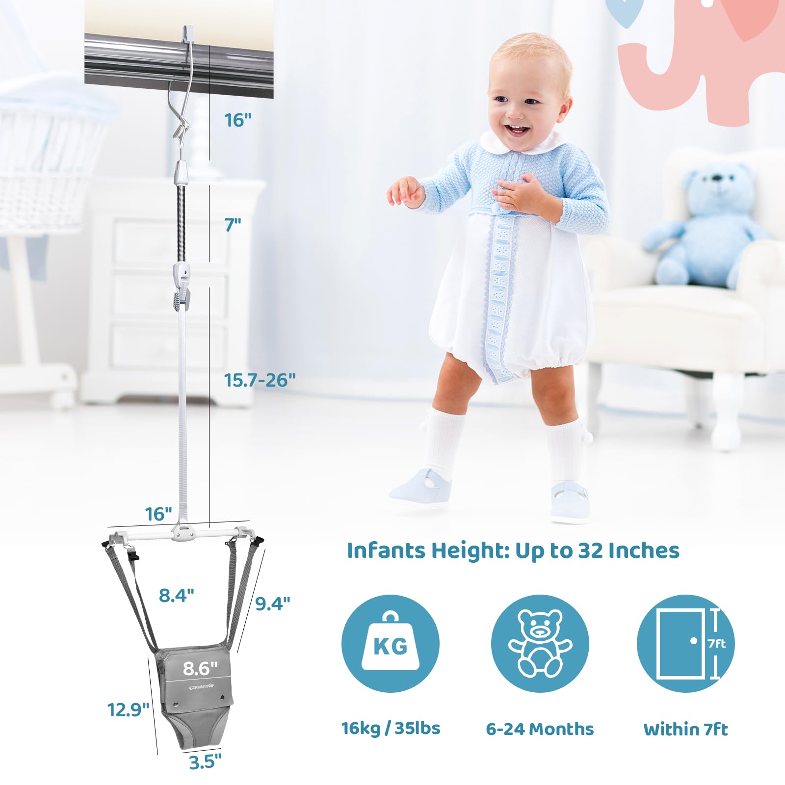 Cowiewie 2 in 1 Baby Door Jumper w/Baby Walking Harness Function, Baby Jumper with Door Clamp Adjustable Strap and Seat, Gray