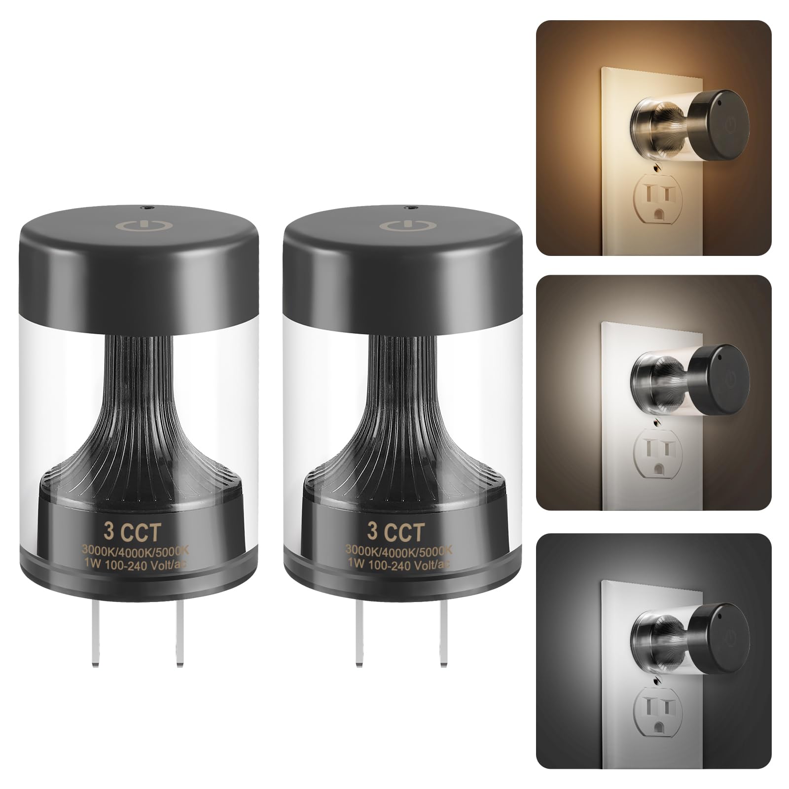 Photo 1 of 2 Pack LED Night Light with Touch, 3000K/4000K/5000K Adjustable Color Temperature, Dimmable, Plug-in Wall Light with Auto On/Off Light Sensor, IP65 Waterproof, for Bedroom, Hallway, Stairs 100-240V