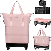 Duffle Bag with Wheels,Foldable Duffle Bag for Travel,Large Suitcases with Wheels,Foldable Travel Bags,Expandable Luggage,Carry on Luggage for Women Men (Pink)