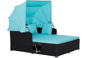 RELAX4LIFE Patio Outdoor Daybed with Canopy, Wicker Sunbed w/Cushions, 4 Pillows & 2 Retractable Side Trays, 2-Person Lounge Bed Conversation for Poolside Porch Garden, Rattan Outdoor Bed (Turquoise)