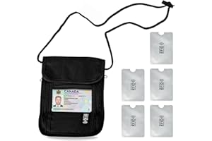 WVD Neck Wallet RFID Passport Holder with 5 Pcs RFID Card Holder, Adjustable Strap Travel Document Organizer Zipper Wallet, W