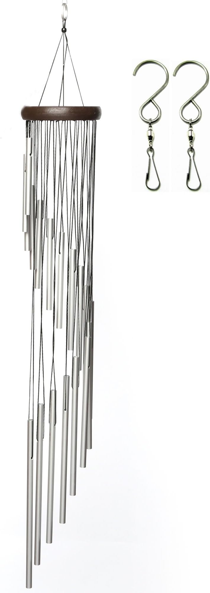 Iserlohn 34 Inch Wind Chimes with 2 Swivel Hooks Clips, Wood and Aluminum Windchimes for Patio, Garden, Terrace and Balcony, Silver