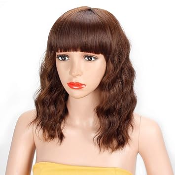 Aisi Hair Short Wavy Bob Wig With Bangs Colored Brown Mixed Blonde Short Curly Women Girl S Charming Synthetic Wig Natural Looking Full Head Hair