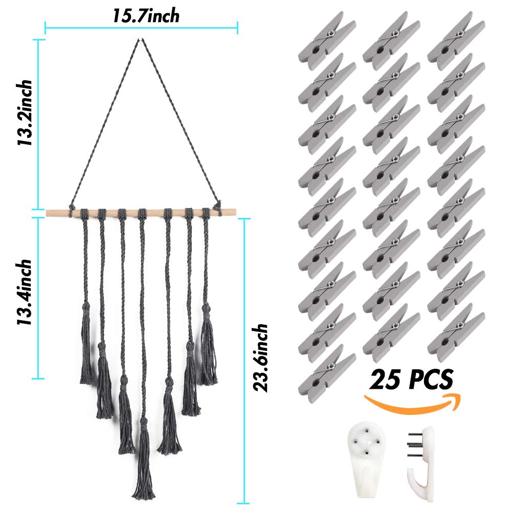 VGOODALL Wall Hanging Photo Display,Macrame Wall Decor Photo Organizer Tassel Wall Hangings Thanksgiving Gift Christmas Decorations(Dark Gray)